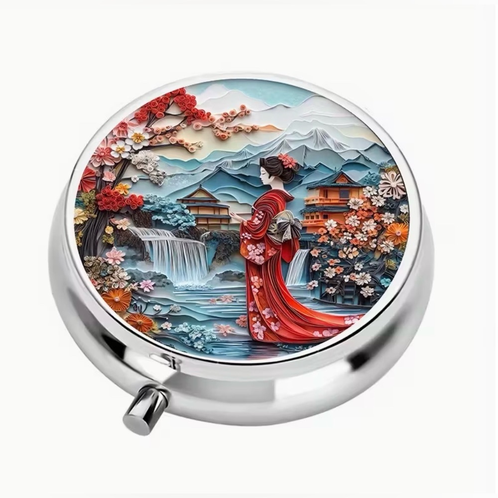Japanese Geisha Round Pill Organizer 3-Compartment Compact Pill Case New - Picture 2 of 7